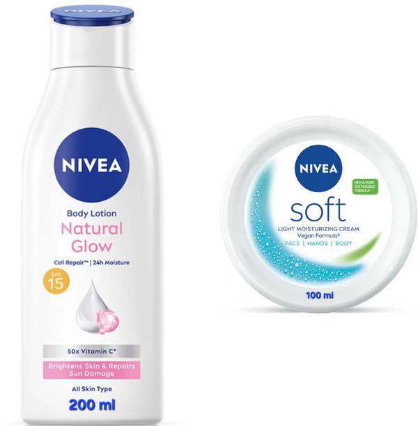 NIVEA NATURAL GLOW BODY LOTION 200 ML & SOFT CREAM 100 ML