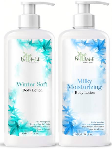 BE HERBAL Winter Soft + Milky Moisturizing Body Lotion Combo Pure & Natural Easily Absorbed Leaves Skin Feeling Nourished with Goodness of Shea Butter, Coconut milk & Aloe Vera Extract, Vitamin E & Papaya Extract (Pack of - 2)