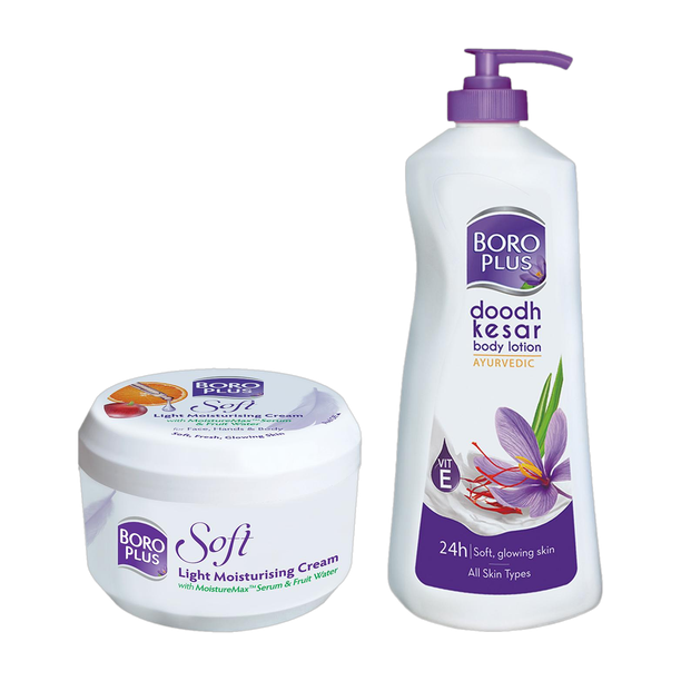 बोरोप्लस Soft Ayurvedic Antiseptic Cream 200ml + Doodh Kesar Lotion 400ml