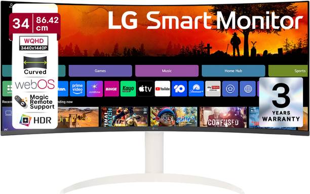 LG Smart 86.36 cm (34 inch) Curved WQHD VA Panel 34 (86.36 cm) 21:9 Curved WQHD (3440x1440) display, webOS Smart Monitor, ThinQ Home Dashboard / Magic Remote support, AirPlay 2, Screen Share, Bluetooth, 2xHDMI, 2xUSB ports, Tilt / Height adjustable stand Monitor (34SR65QC-W.ATR)