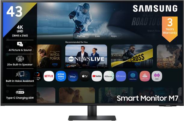 Samsung M7 Series 107.9 cm (43 inch) 4K Ultra HD LED Backlit VA Panel with In-built Speaker, Smart TV Apps, AirPlay, Wi-Fi, Bluetooth, USB, Type-C, Wireless Display, Vision AI Smart Monitor (LS43FM700UWXXL)