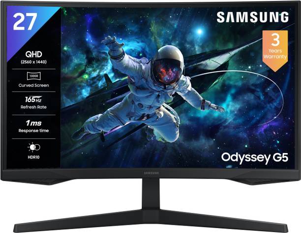 Samsung Odyssey G5 Curved 68.4 cm (27 inch) Curved Quad HD LED Backlit VA Panel with HDR10, 1000R curvature, 300 nits brightness, Ports-HDMI,DP,Headphone, DP Cable Monitor (LS27CG550EWXXL)