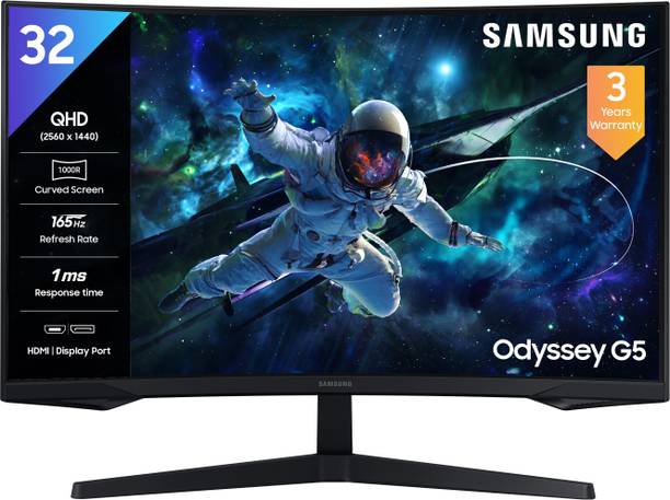 Samsung Odyssey G5 80.0 cm (32 inch) Curved Quad HD LED Backlit VA Panel with HDR10, 1000R curvature, 300 nits brightness, Ports-HDMI,DP,Headphone, DP Cable� Monitor (LS32CG550EWXXL)