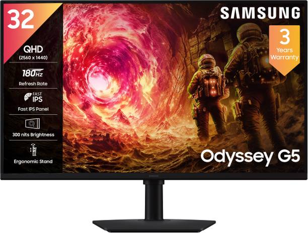 Samsung Odyssey G5 80.1 cm (32 inch) Quad HD LED Backlit IPS Panel with HDR10, G-Sync, Ports-DP,HDMI,Headphone, Height-Tilt-Swivel-Pivot Adjustable Stand, Fast Gaming Monitor (LS32FG502EWXXL)