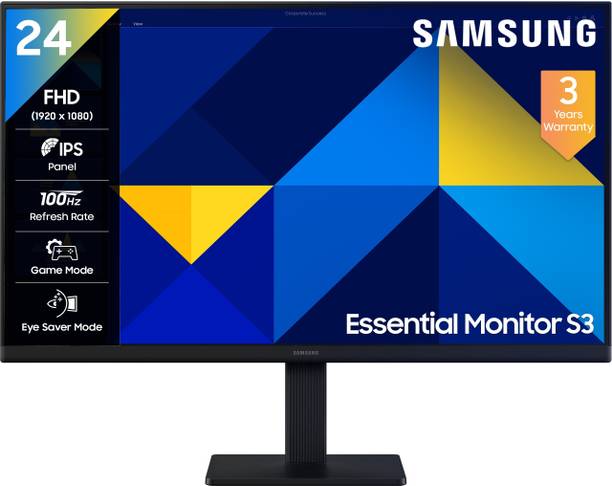 Samsung S3 Essential 60.4 cm (24 inch) Full HD LED Backlit IPS Panel with New Super Slim Design, Ports-HDMI, VGA, Tilt Stand, Game Mode, Eye Saver Mode, Wall Mountable, Black Monitor (LS24D300GAWXXL)