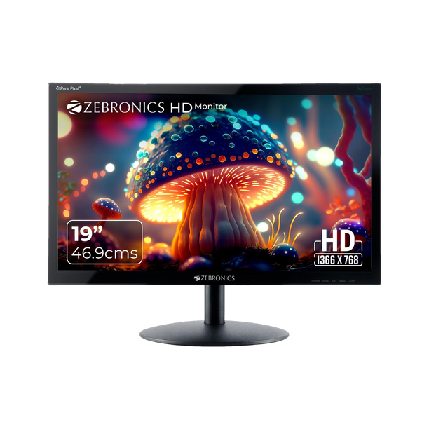 ZEBRONICS 46.99 cm (19 inch) HD LED Backlit TN Panel HDMI, VGA Input, HD 1366 x 768, 16.7M Colors, Glossy Panel, Slim Design, Wall Mountable Monitor (ZEB-V19HD LED)