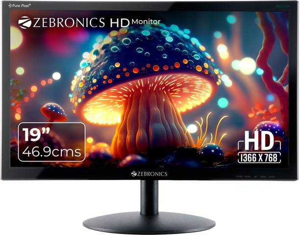 ZEBRONICS 46.99 cm (19 inch) HD LED Backlit TN Panel HDMI, VGA Input, HD 1366 x 768, 16.7M Colors, Glossy Panel, Slim Design, Wall Mountable Monitor (ZEB-V19HD LED)