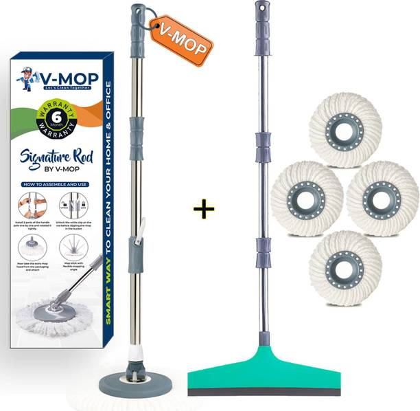 V-MOP Premium Grey Heavy Stainless Steel Bucket Mop Rod Set with Wiper ( 4 Refiil ) String Mop