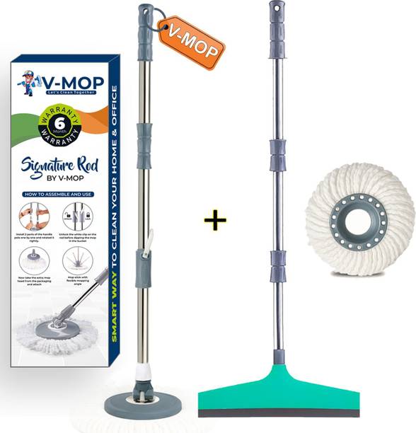 V-MOP Premium Grey Heavy Stainless Steel Bucket Mop Rod Set with Wiper ( 1 Refiil ) String Mop