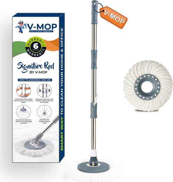 V-MOP Premium Grey Heavy Stainless Steel Bucket Mop Stick-Mop Rod Set (1 Refiil ) String Mop