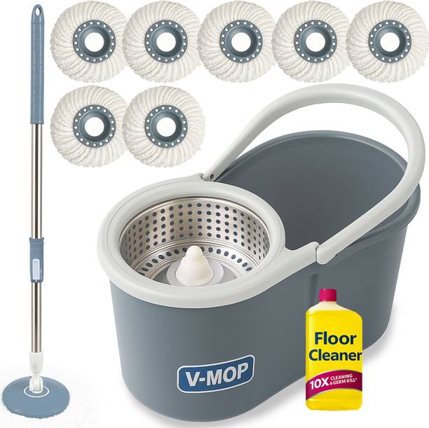 V-MOP Premium steel Grey Bucket Mop with Floor Cleaner & 7 Refills Home cleaning set Wet & Dry Mop