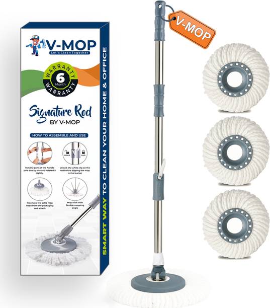 V-MOP Premium Grey Heavy Stainless Steel Bucket Mop Stick-Mop Rod Set (3 Refiil ) String Mop