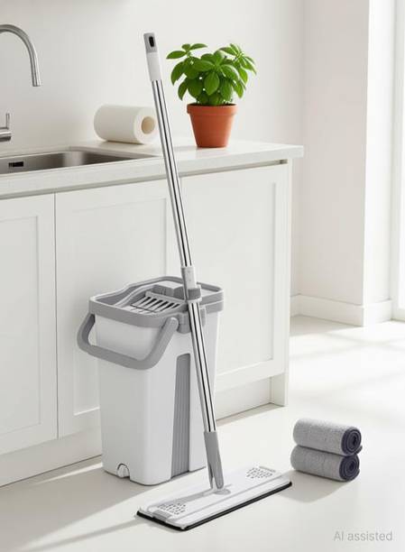 उपकरणवाले White flat mop and bucket set Dust Mop with 2 Soft Refill Pads(38x12 CM) फ्लैट मोप