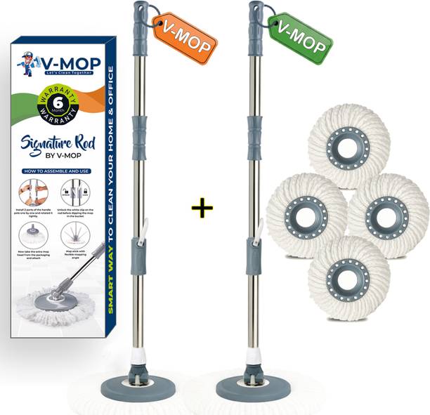 V-MOP Premium Grey Heavy Stainless Steel Bucket Mop Stick-Mop Rod Set (4 Refiil ) String Mop