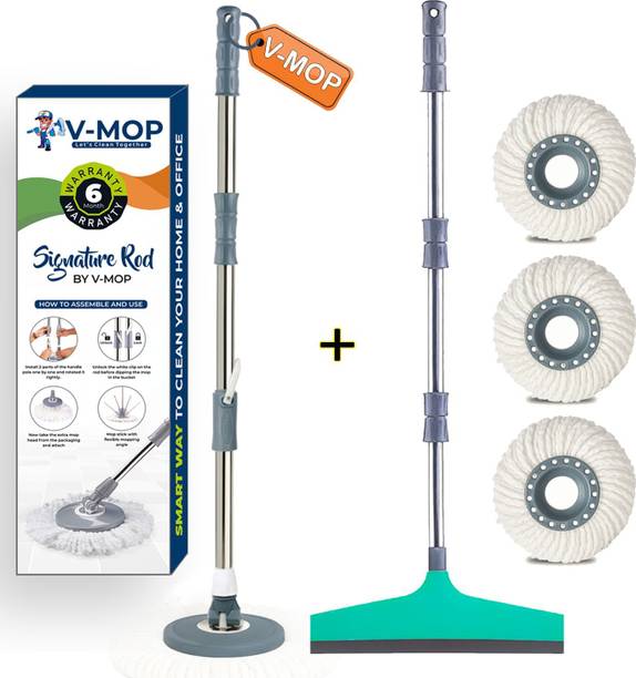 V-MOP Premium Grey Heavy Stainless Steel Bucket Mop Rod Set with Wiper( 3 Refiil ) String Mop