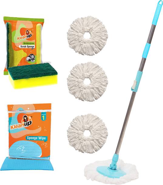 Pranay's Kleanup Combo Spin Mop-Rod Stick, Mop Head,Wipe,Scrubber & 3 Refill - Wet & Dry 360 Mop Mop, Mop Refill, Mop Set, Scrub Pad, Cleaning Wipe