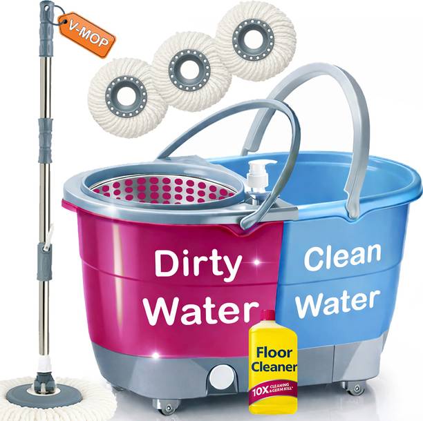 V-MOP Premium maroon Deluxe Spin Mop Bucket with Floor Cleaner & 3 Refill Wet & Dry Mop