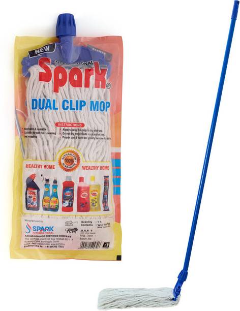 स्पार्क इंटरनेशनल Dual Clip Mop | 100% Pure Cotton | Stainless Steel Handle | Easy Floor Cleaning मोप हेड और रोड