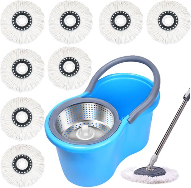 JSN Premium Steel Basket 360° Self Spin with Rotating Head with 8 extra refill Mop Set