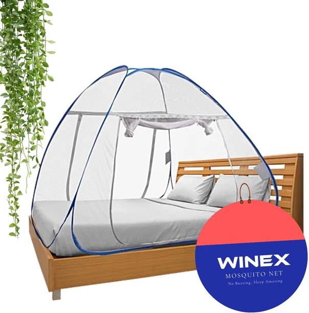 Winex Blue White Canopy Net with Frame – Double Bed Polyester Washable Adults Mosquito Net
