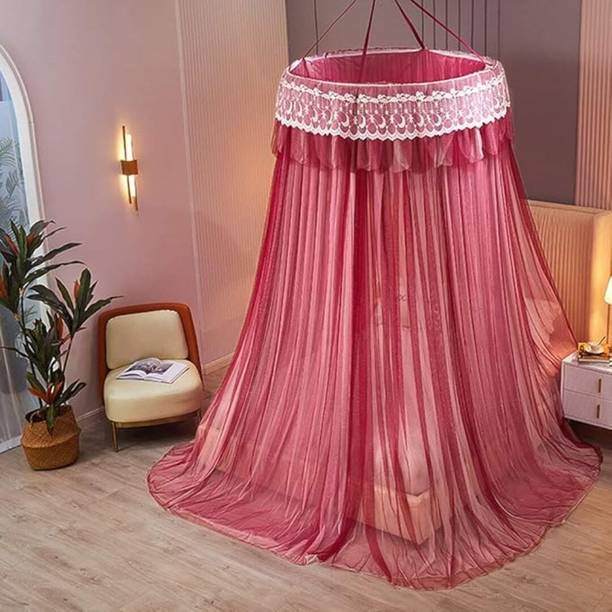 Fineline Princess Style Dome Mosquito Net for Double Bed Maroon White Design Polyester Washable Adults Mosquito Net