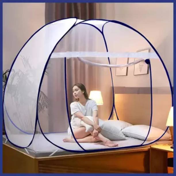 LA VERNE Polyester Adults Washable King size foldable Mosquito Net Tent style Blue Mosquito Net