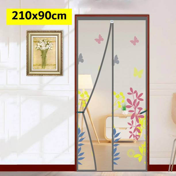 Lifekrafts Polyester Adults Washable Door with Magnets | Color Floral Pattern with Grey Background | Mosquito Net