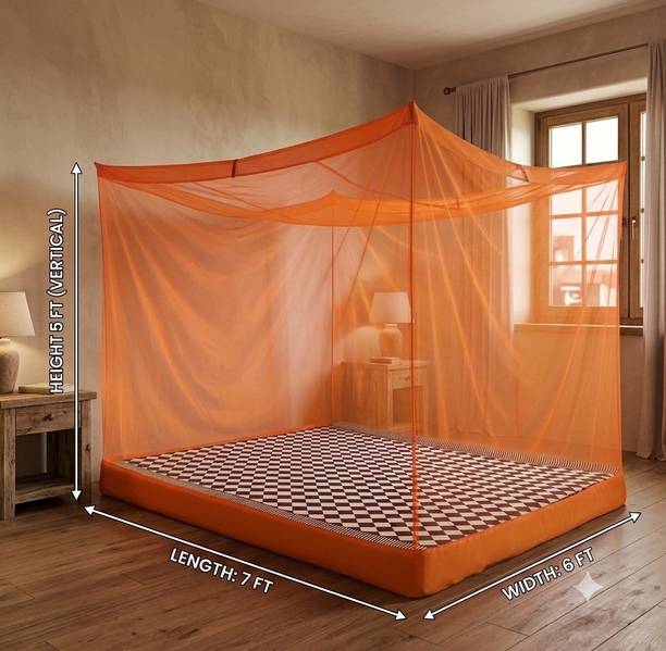 MSDNET Orange Premium Canopy Mosquito Net 6x7 Ft - Double Bed Nylon Washable Adults Mosquito Net
