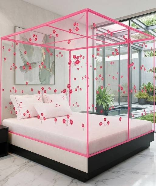 AKTEXTILE ​Pink Floral Bed Canopy Mosquito Net HDPE - High Density Poly Ethylene Washable Adults Mosquito Net