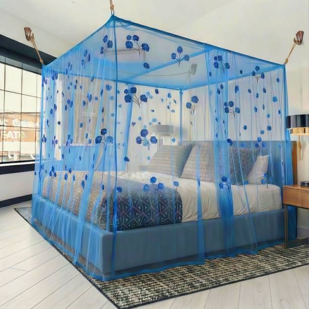 BiteSafe Premium Flower Design Light Blue Mosquito Net for Double Bed (6X7) HDPE - High Density Poly Ethylene Washable Adults Mosquito Net