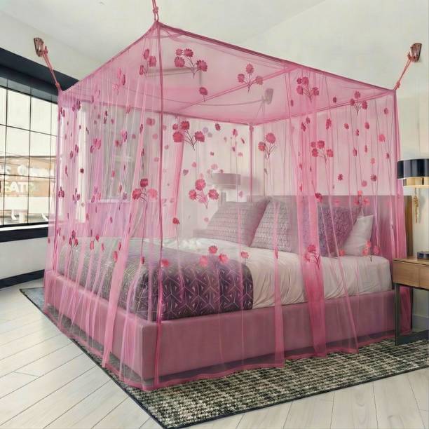 BiteSafe Premium Flower Design Light Pink Mosquito Net for Double Bed (6X7) HDPE - High Density Poly Ethylene Washable Adults Mosquito Net