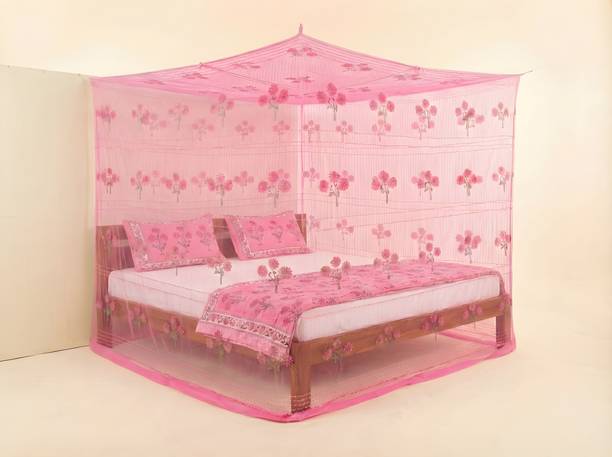 FB enterprise Elite Pink Floral Canopy Mosquito Net – Superior Bedroom Décor & Protection Cotton Washable Adults Mosquito Net