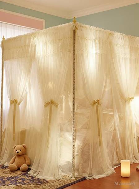 buyagain Ivory 47" W*78" L*82"*H, 4 Corners Post Canopy Bed Curtain for Girls Boys & Adults, Princess Bedroom Decoration, Royal Luxurious Cozy Drape Netting, Cute Princess Bedroom Decoration Cotton Washable Adults Mosquito Net
