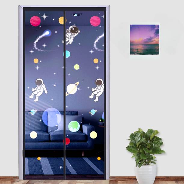 लाइफक्राफ्ट Auto-Closing Magnetic Door Curtain |Color Planet Theme With Dark Blue Background पॉलिएस्टर के लिए बनाया गया मॉस्कीटो नेट