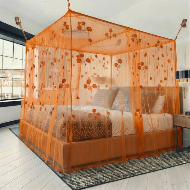BiteSafe Premium Flower Design Light Orange Mosquito Net for Double Bed (6X7) HDPE - High Density Poly Ethylene Washable Adults Mosquito Net
