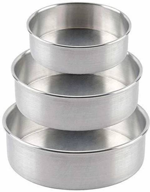 Msquare Supplies Aluminium Cake Mould Aluminium Baking Round Cake Pan/Mould for Microwave Oven - 6", 7", 8" Diameter x 2.25" Height for 0.5/1/2 kg, Silver (Set of 3 Pieces) (Round)
