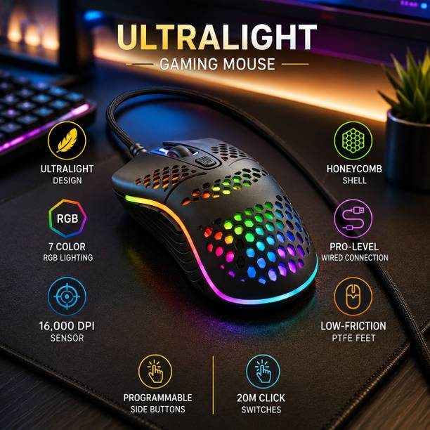 ABC Ultra Lightweight Gaming Mouse 16000 DPI RGB Honeycomb Wired USB PC Laptop Wired Right Handed Optical Gaming Mouse