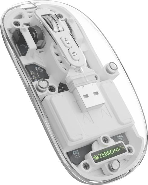 ZEBRONICS Sheer Wireless Ambidextrous Optical Mouse Rechargeable Wireless Mouse, Silent Dual BT, RGB, Transparent Body  with Bluetooth