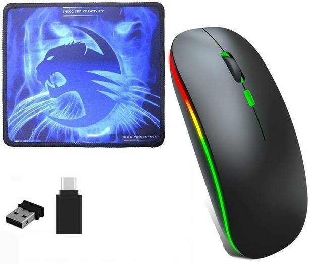 FKU ULTRA SLIM 2.4Ghz WIRELESS MOUSE WITH Blue Neon Cat Mousepad & TYPE C CONNECTER Wireless Optical Mouse