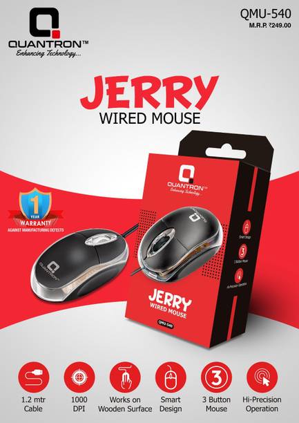 Quantron QMU-540 WIRED USB MOUSE for LAPTOPS/DESKTOPS/DVR/NVR. Wired Ambidextrous Optical Mouse