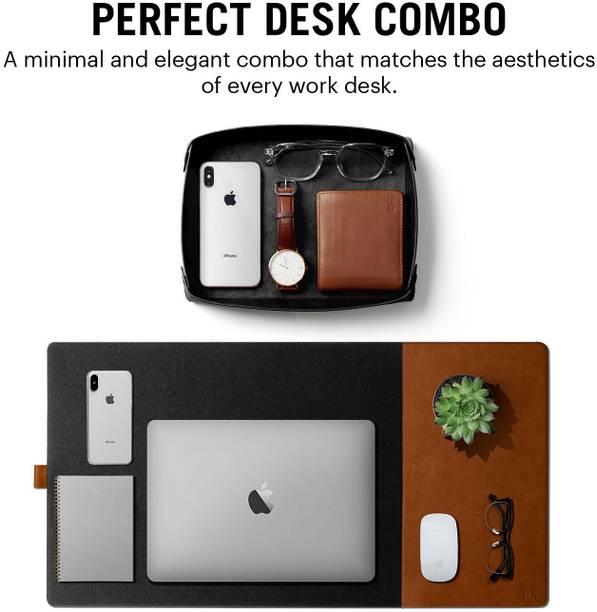 DailyObjects Combo Vegan Leather Reversible Turf 2.0 Desk Mat | Tray Organiser - Set of 2 Non Slip Base Dual Sided Mousepad