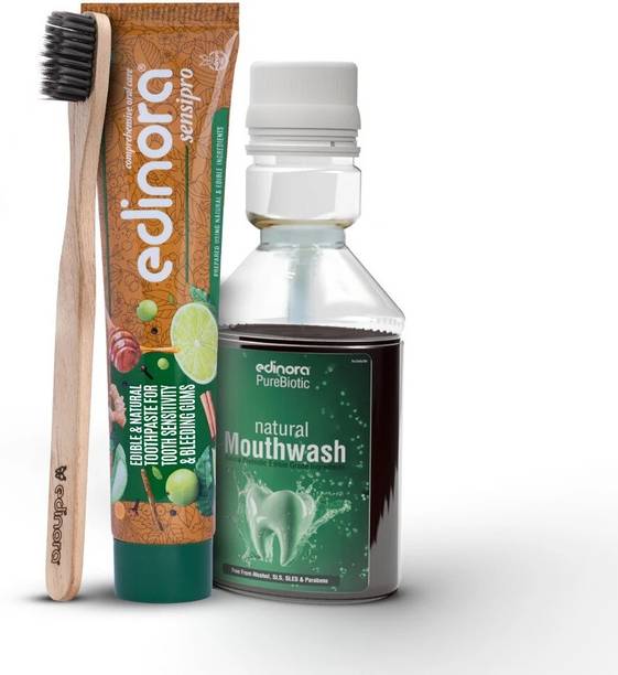 EDINORA Edible Mouthwash & Sensipro 90g toothpaste, Neemwood Toothbrush | Combo - Natural, Herbal