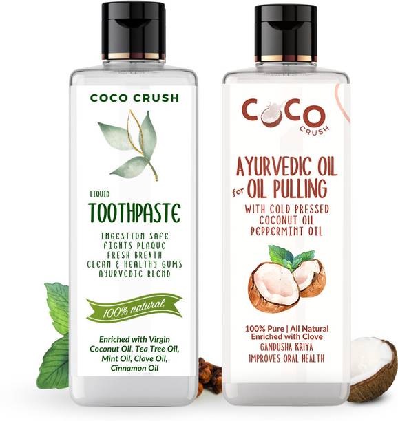 COCO CRUSH Combo of Fluoride Free Toothpaste & Ayurvedic Oil Pulling Oil - Virgin Coconut Oil, Peppermint Oil, Clove Oil Flavour (2*200ml)