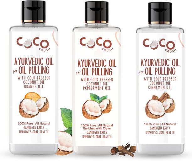 COCO CRUSH Combo of 3 Ayurvedic Coconut Oil for Oil Pulling, Strong Teeth | Benefits of - Cold Pressed Cinnamon Oil, Peppermint Oil, & Orange Oil (3*100ml)