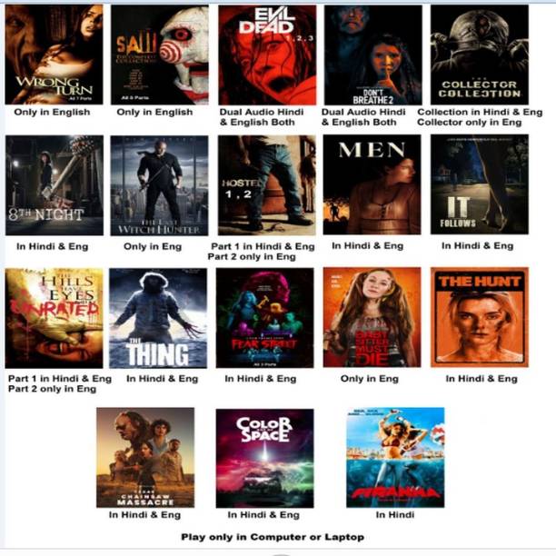 Saw, Hills Have Eyes, Evil Dead, Wrong Turn, Hostel, Don't Breathe 2 etc total 38 Movies Play only in Computer or Laptop without poster HD print Quality for Movies Name & Audio see in Product Picture