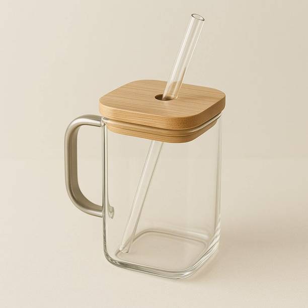 aadvait enterorises Glass with Bamboo Lid & Glass Straw Glass Coffee Mug