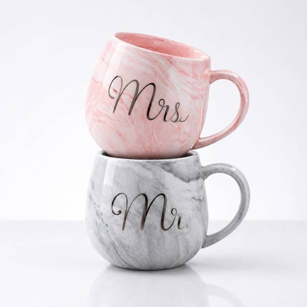 Jenvora Mr & Mrs Marble Ceramic Coffee Set of 2, 400ml Couple Cups, Pink & Grey Ceramic Coffee Mug