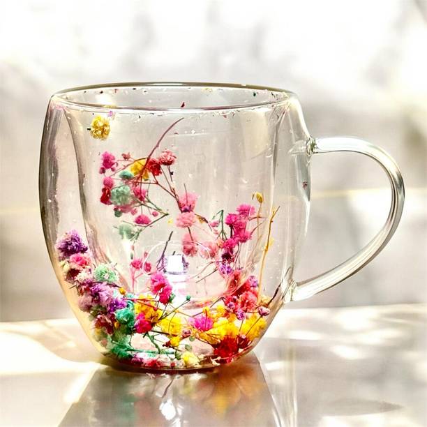 डी डेकॉर वेव Dried Flowers Double Wall Clear Glass Coffees ग्लास मग
