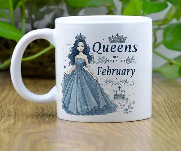 Shining Gift Queens are Born in February Birthday Coffee, With Blue Princess Design White Ceramic Coffee Mug