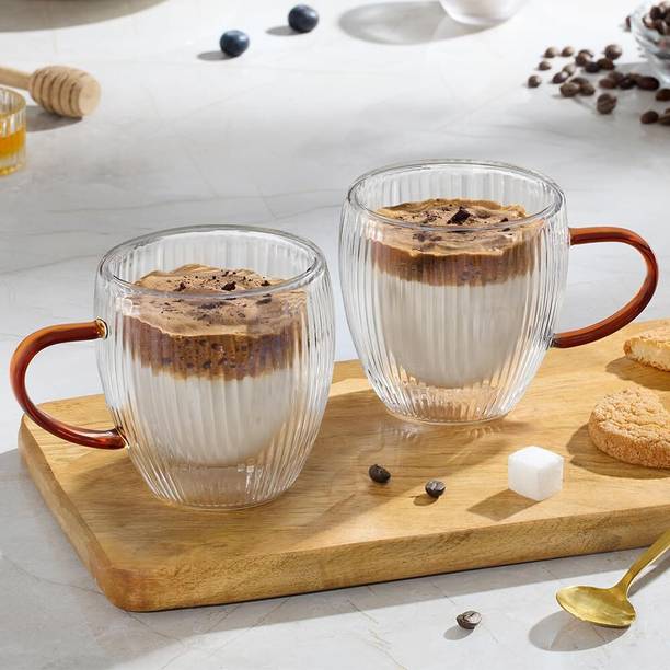 BOROSIL Kara Amber 250ml Borosilicate Double Wall Glass Coffee Set of 2 Glass Coffee Mug